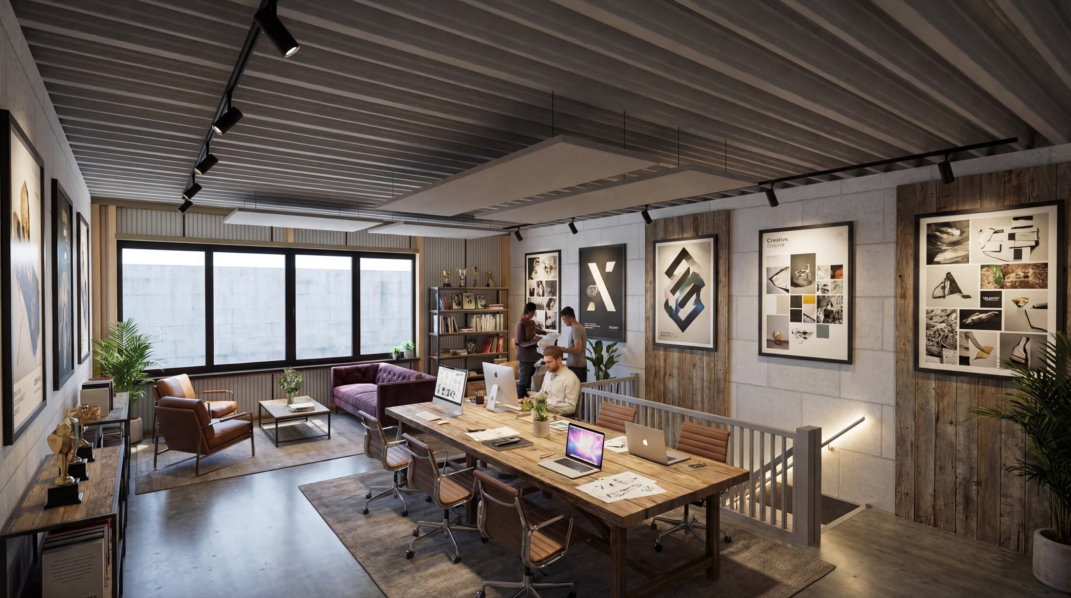 Verdieping ingericht als creatieve studio met vergadertafel en moodboards
