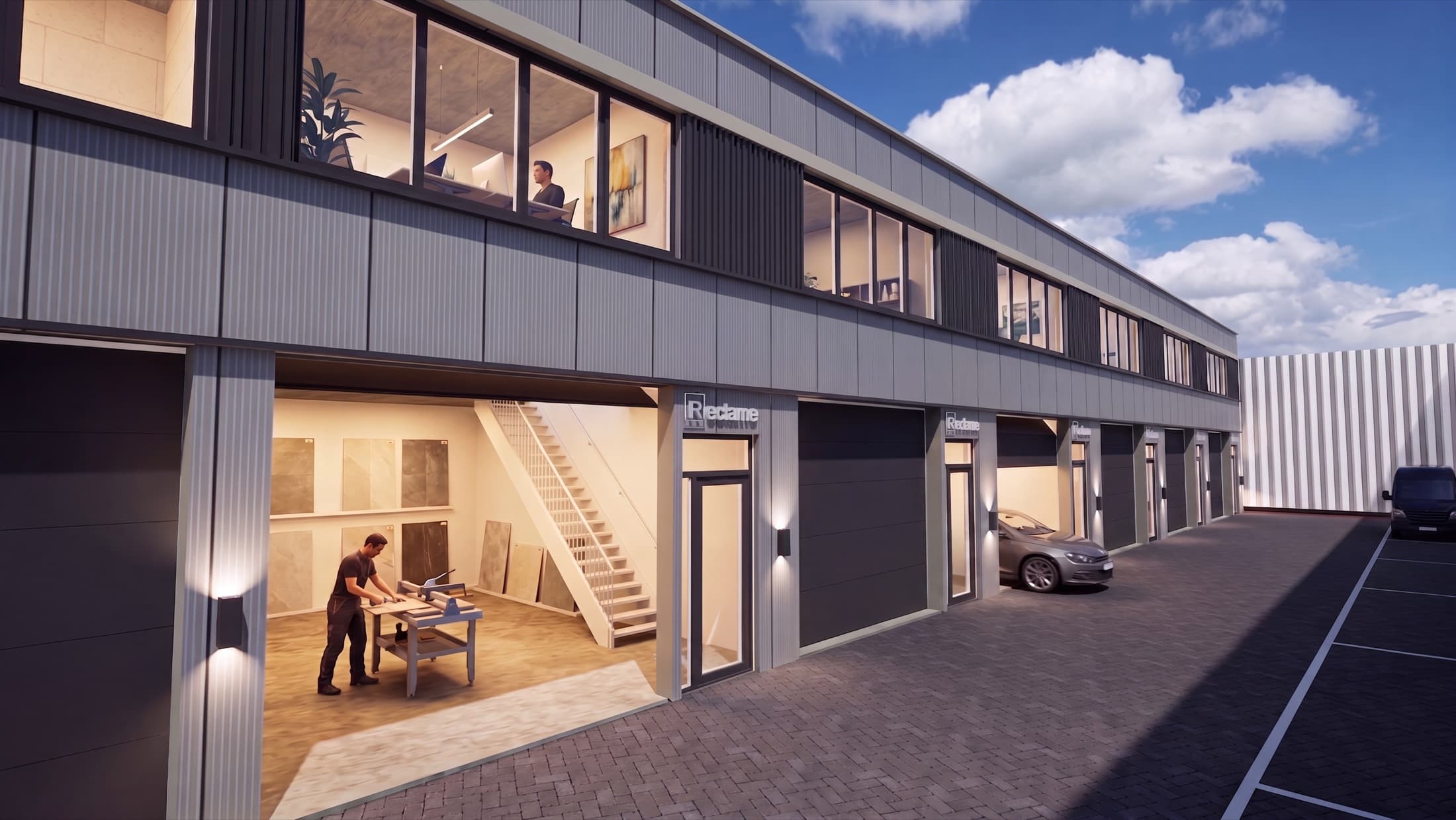 Open unit overdag met showroom en werkplaats achter de overheaddeur