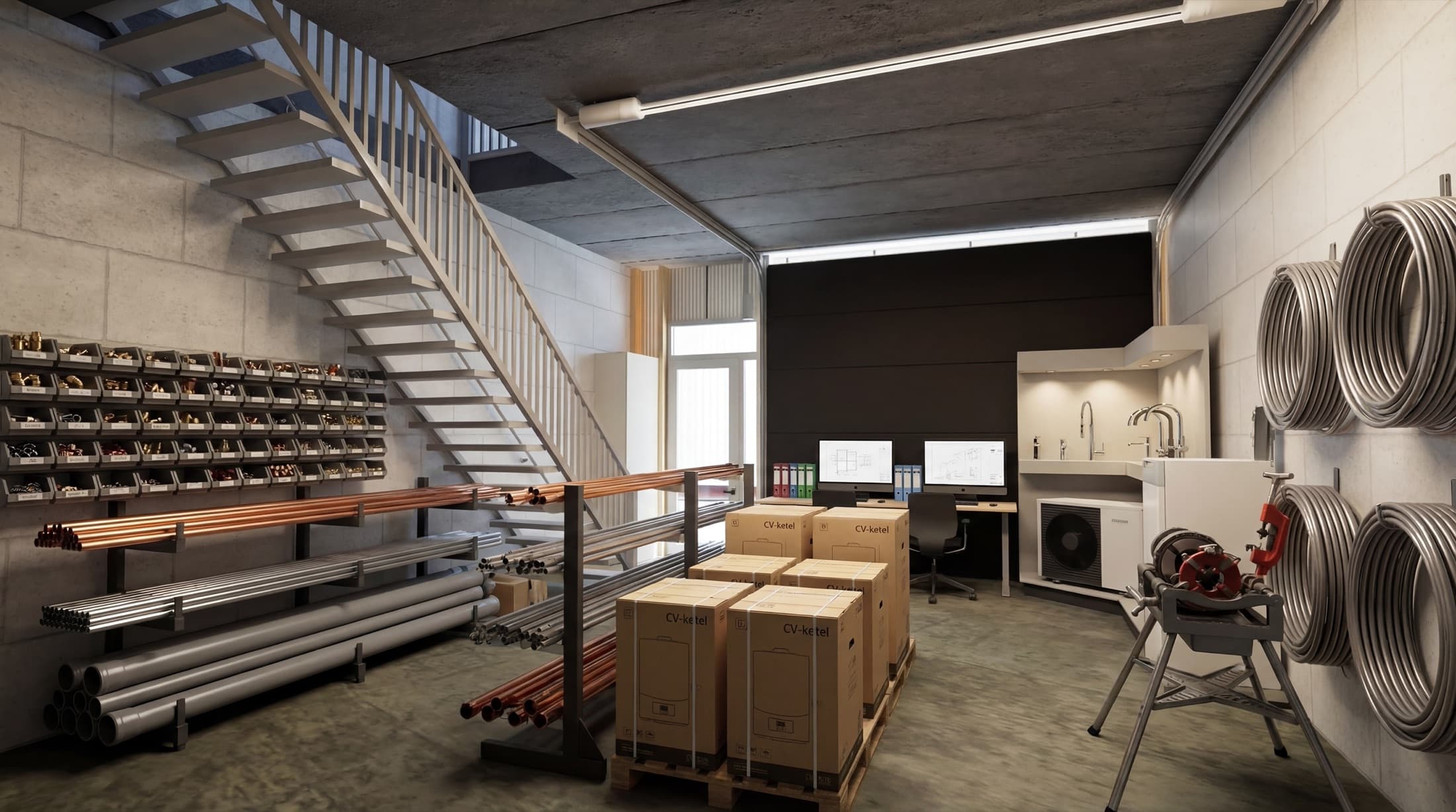 Unit als installatiebedrijf met cv-ketels, leidingwerk en warmtepomp