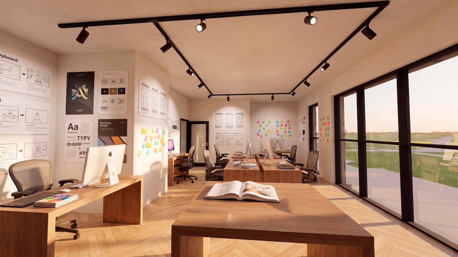 XXL-unit als creatief bureau met werkplekken, moodboards en designposters