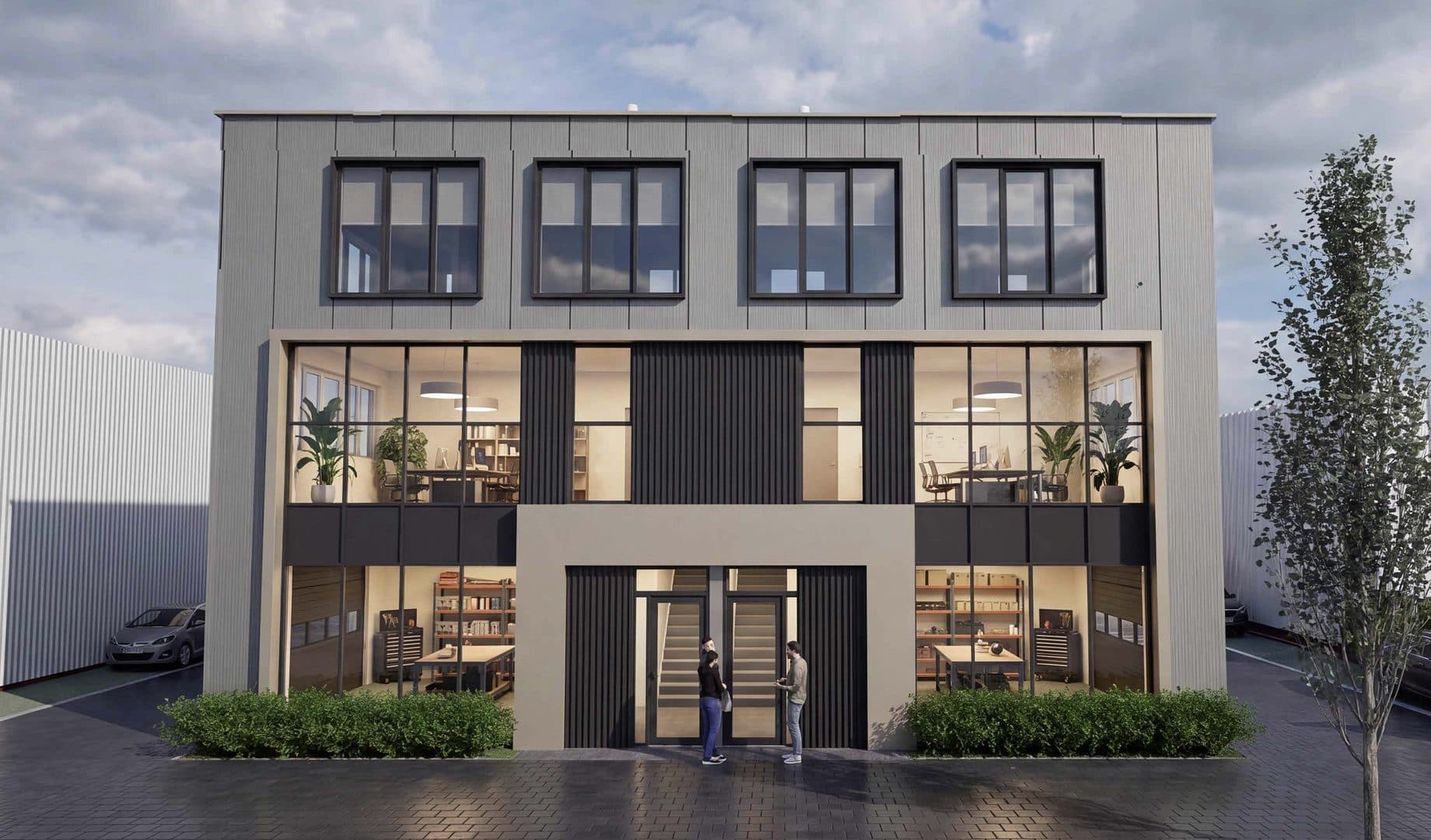 Vooraanzicht van de XXL-unit met grote glasgevel en eigen entree aan de straatzijde